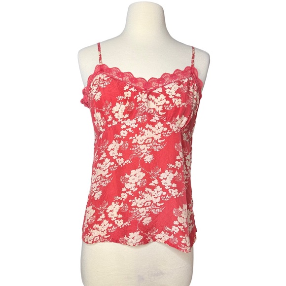 Vintage Y2K Old Navy Silk Cami Red and white floral Size Medium Boho Lace - Picture 2 of 7
